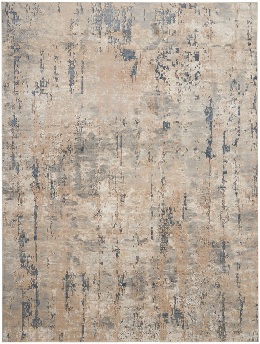Abstract distressed area rug in beige, taupe and blue with gray accents; modern, textured design.