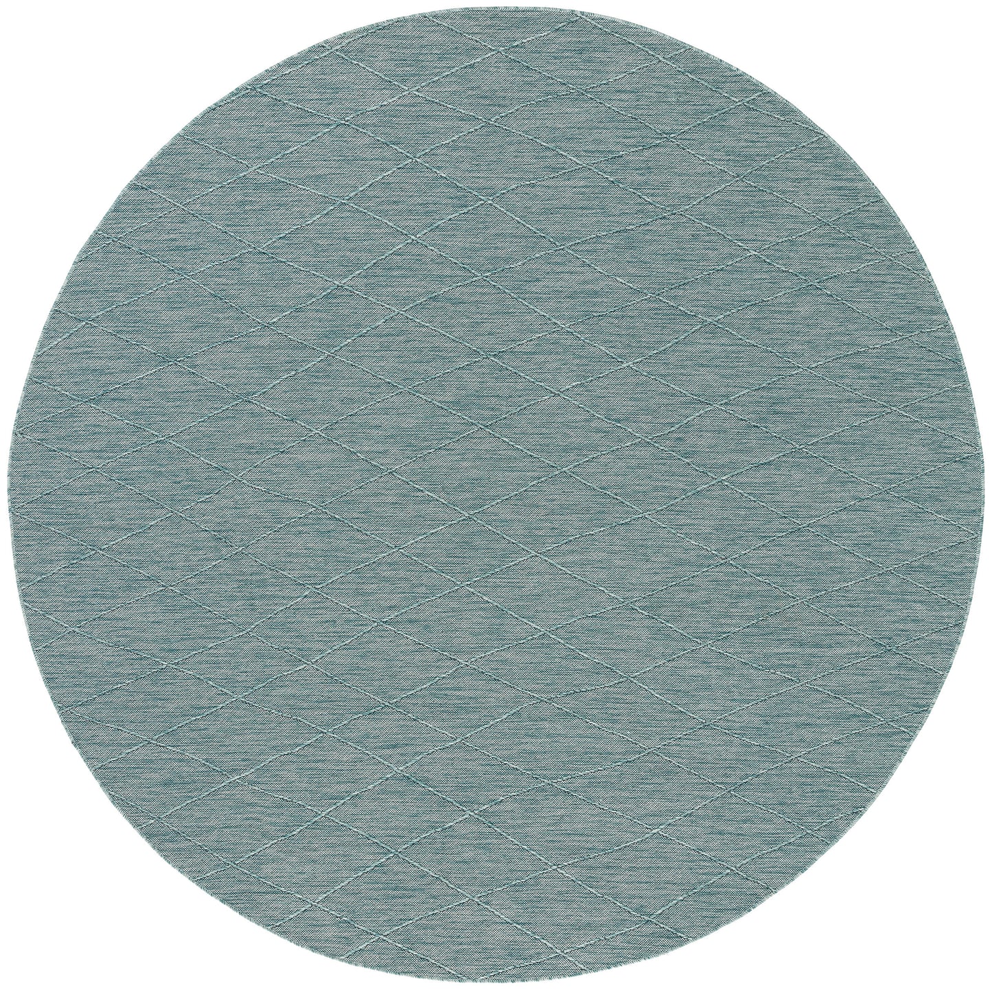 Round teal-blue rug with a subtle quilted diamond grid pattern and soft textured surface.