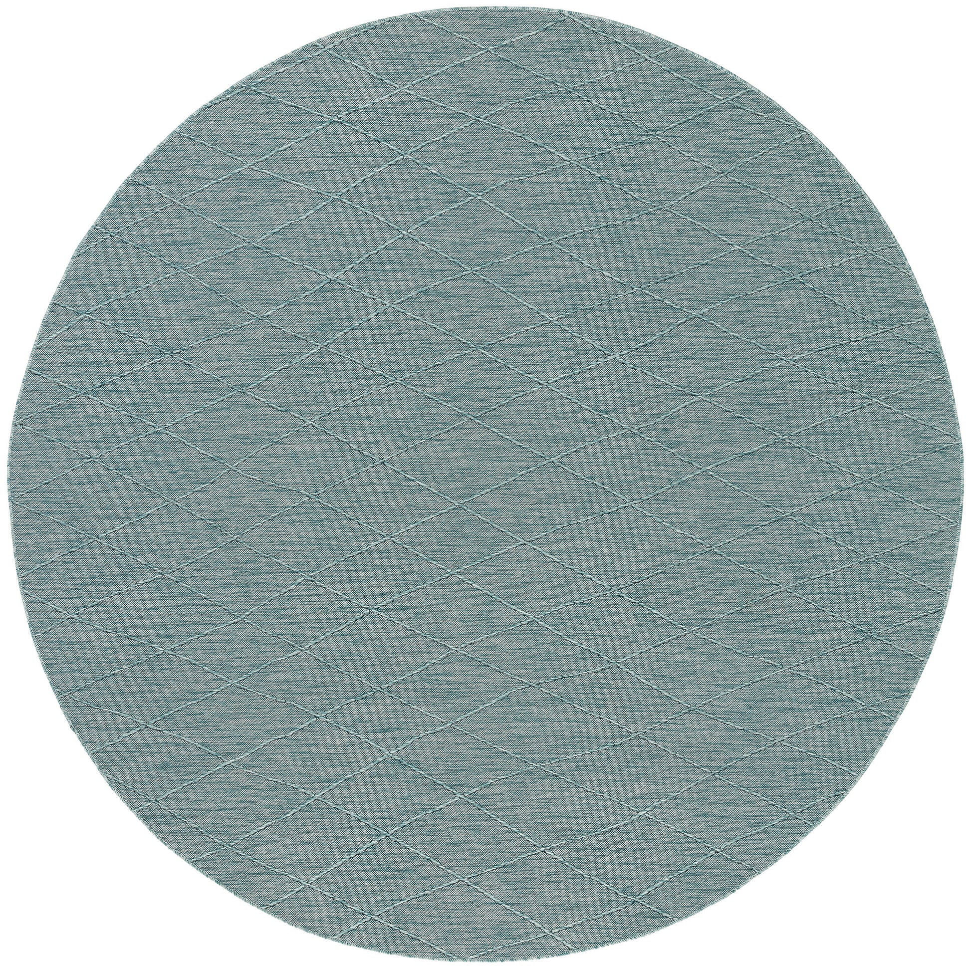 Round teal-blue rug with a subtle quilted diamond grid pattern and soft textured surface.