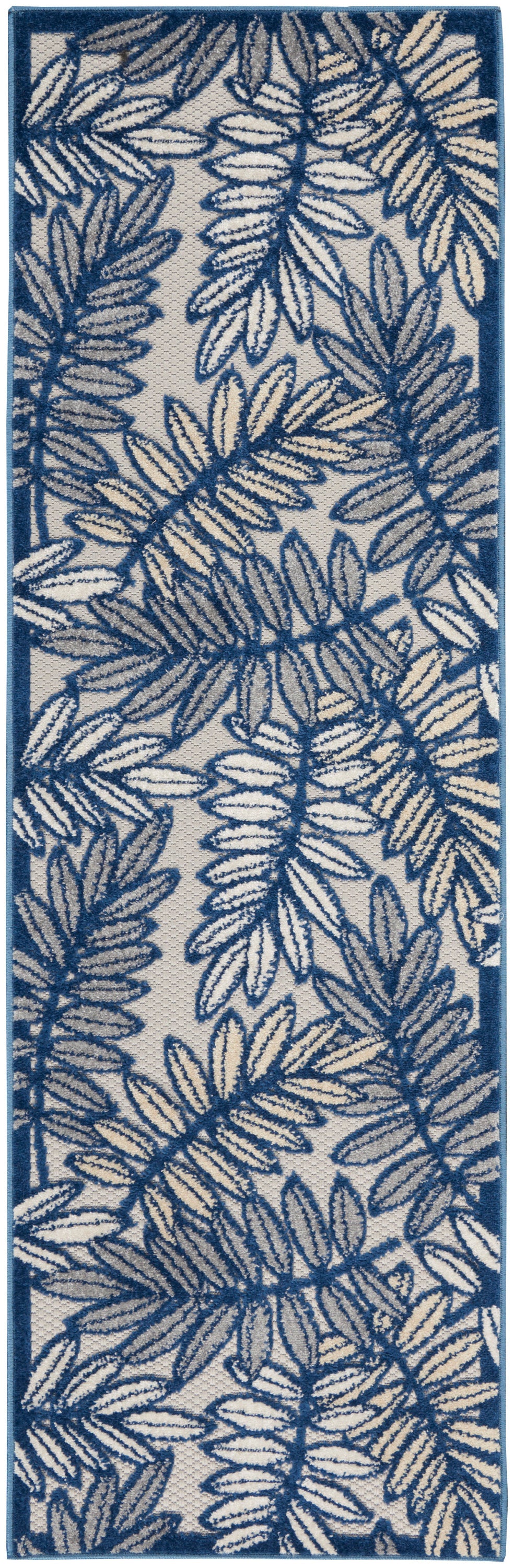 Long navy fern leaf rug runner on cream ground with bold blue border; woven textured.
