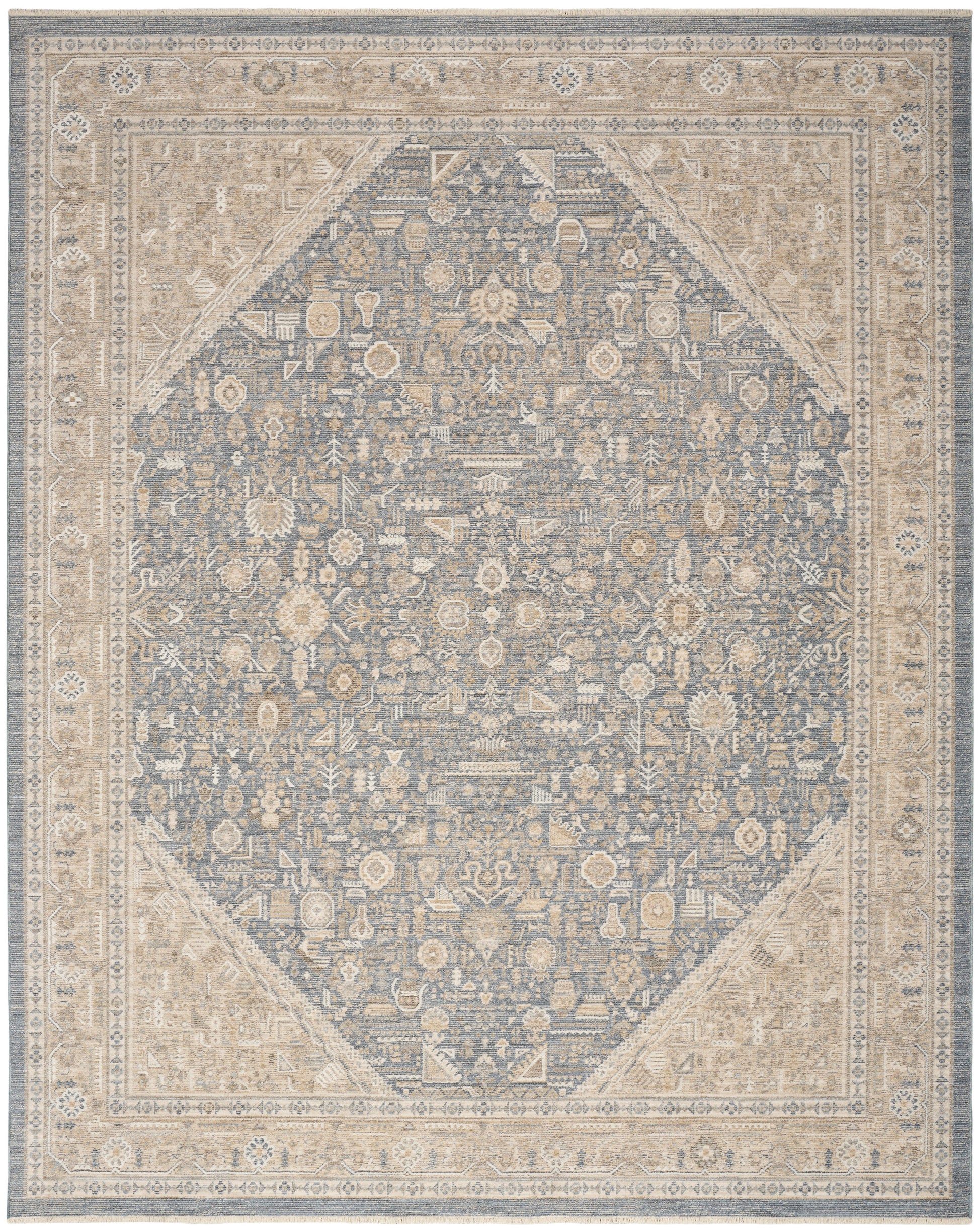 Rectangular oriental rug with blue-gray central field, beige border and ornate floral motifs; Persian-inspired decor.