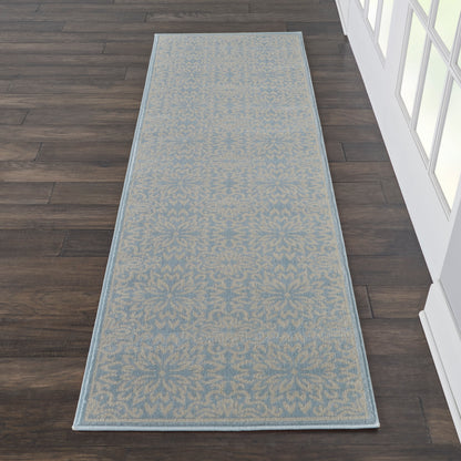 Long runner rug: light beige field with blue damask pattern and a blue border, laid on dark wood floor.