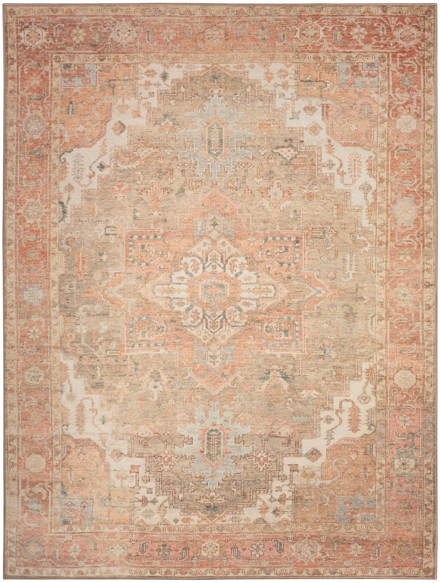 Distressed vintage Persian-style area rug with central medallion in peach & ivory, soft blue accents & ornate border.