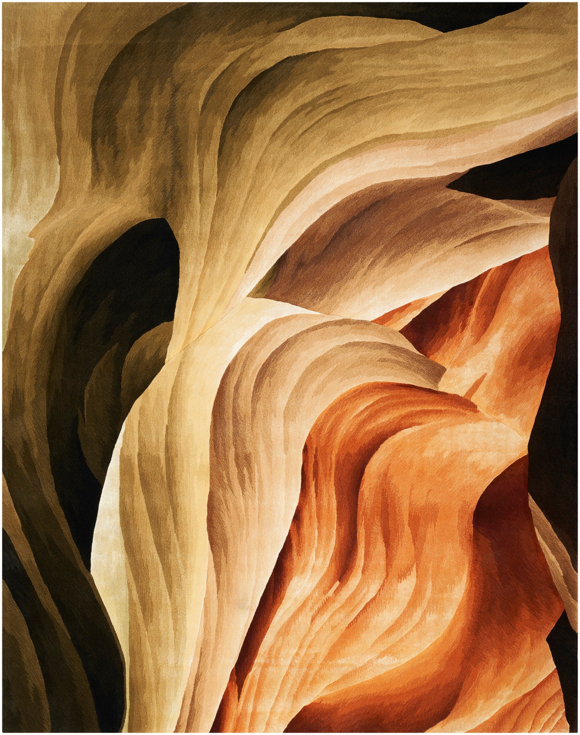 Abstract canyon-inspired rug with flowing sandstone layers in olive, cream, tan, and burnt orange; modern rug.