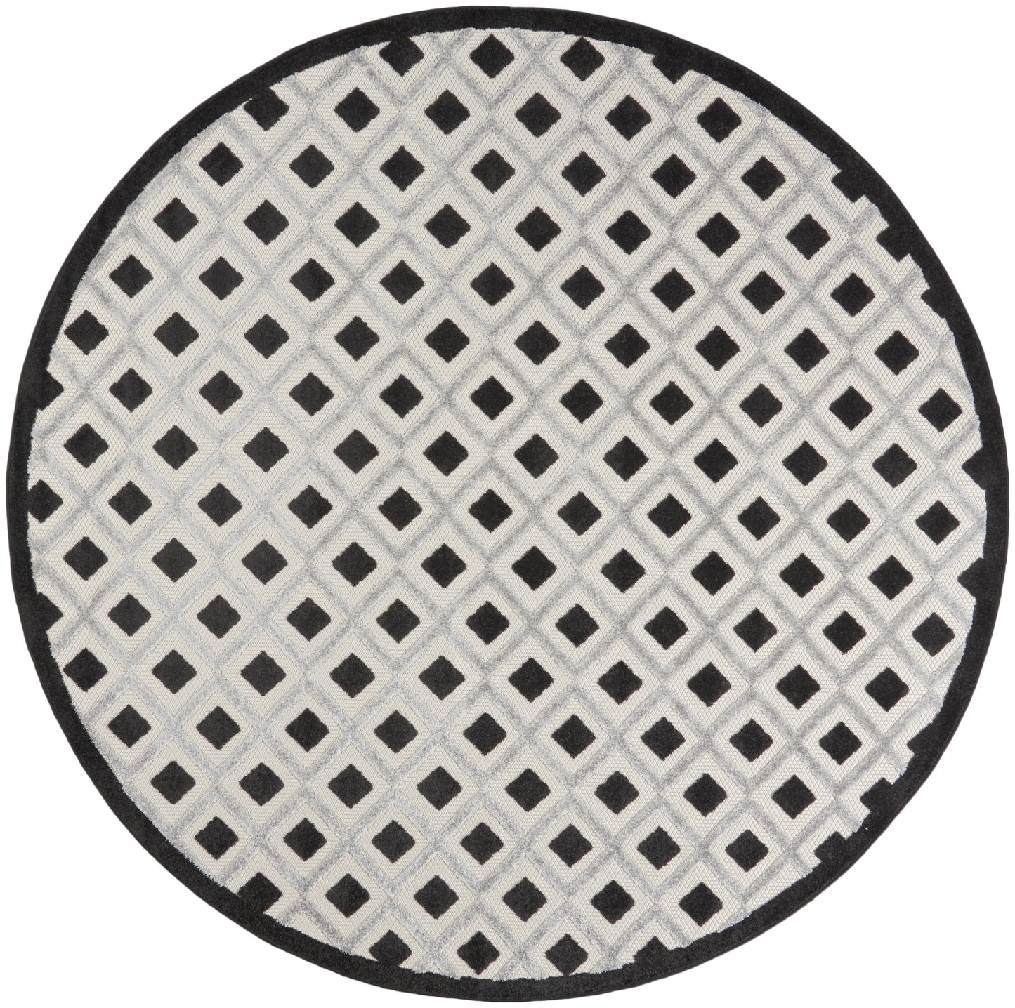 Round rug with light gray field and black diamond lattice pattern, bordered in black.