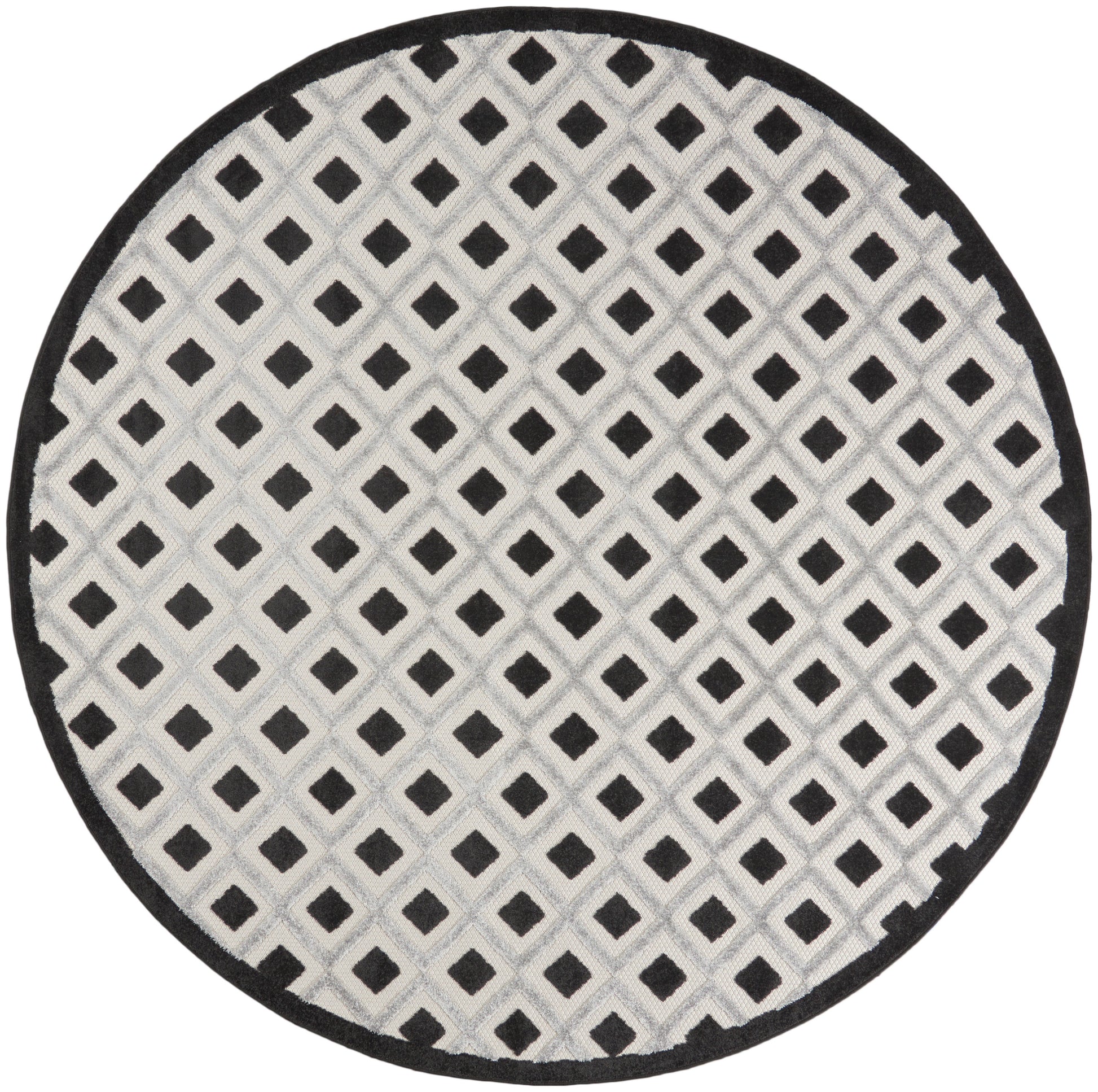 Round rug with light gray field and black diamond lattice pattern, bordered in black.