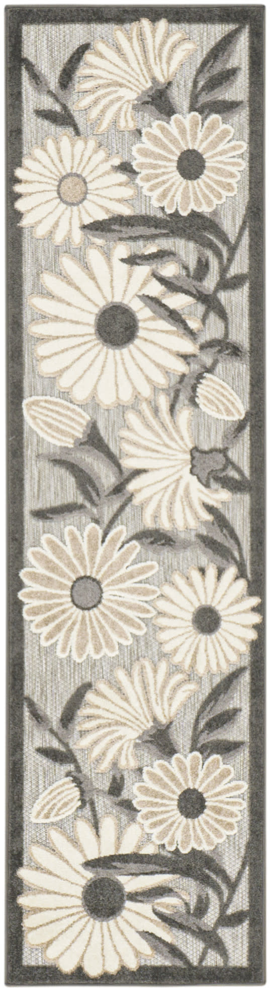 Narrow gray rug runner with cream daisy flowers, dark centers and leafy vines.