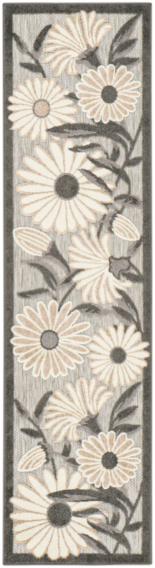Narrow gray rug runner with cream daisy flowers, dark centers and leafy vines.