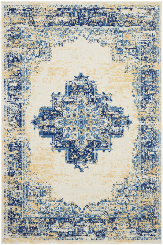 Distressed blue and cream oriental area rug with vintage central medallion and ornate border.