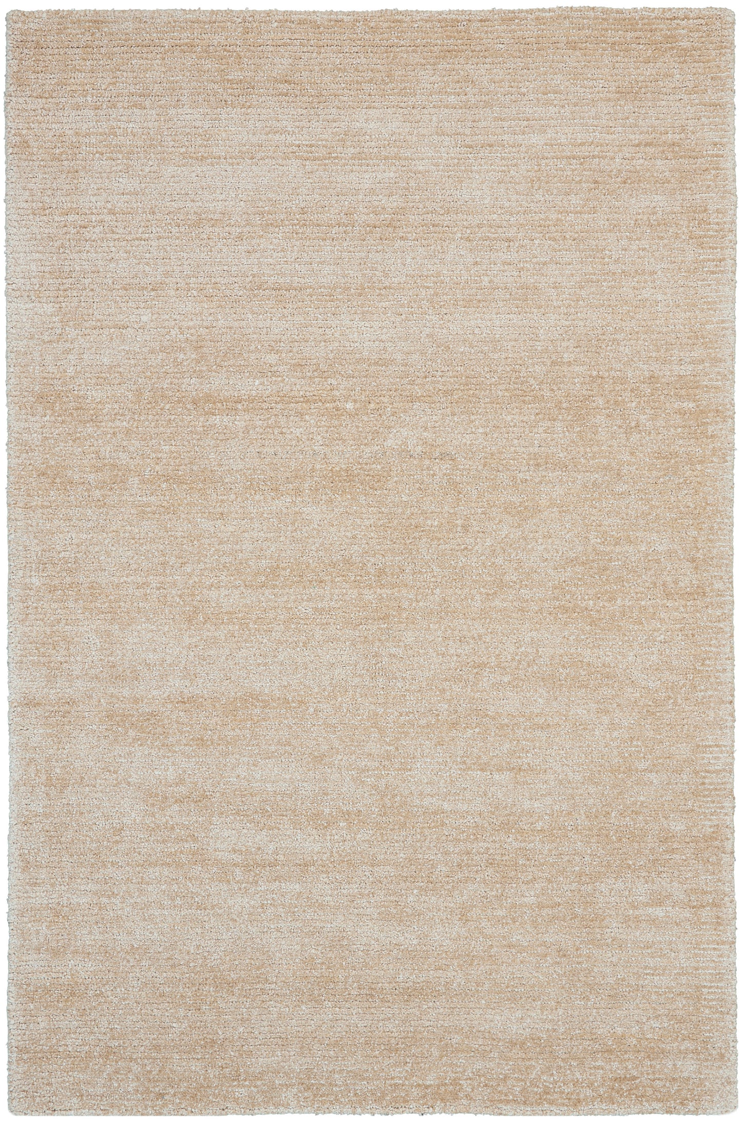 Beige rectangular rug with subtle texture; low-pile solid light tan, modern minimalist look.