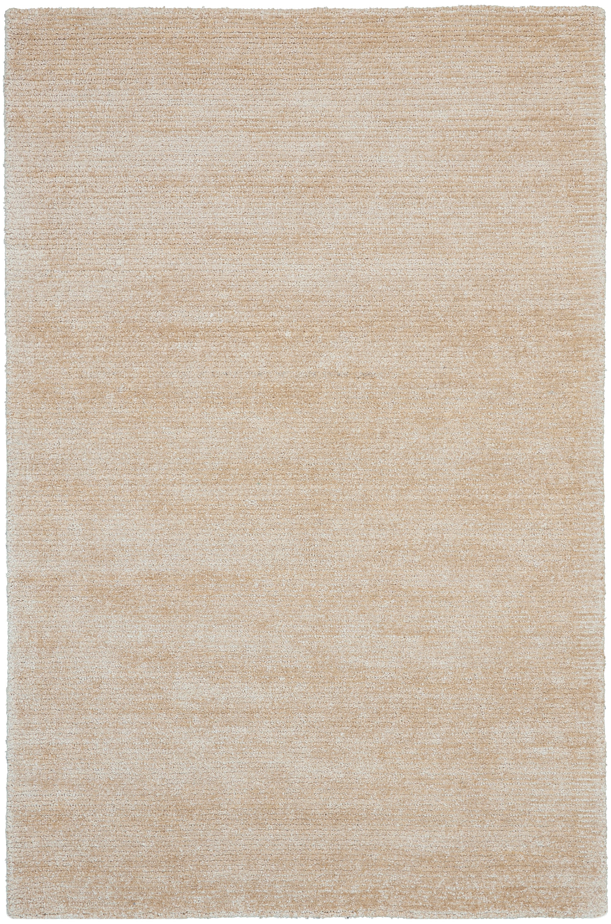 Beige rectangular rug with subtle texture; low-pile solid light tan, modern minimalist look.