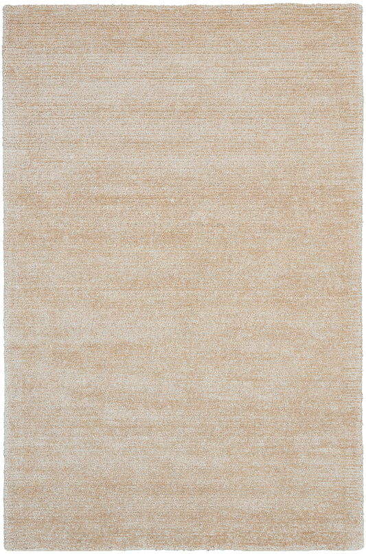 Beige rectangular rug with subtle texture; low-pile solid light tan, modern minimalist look.