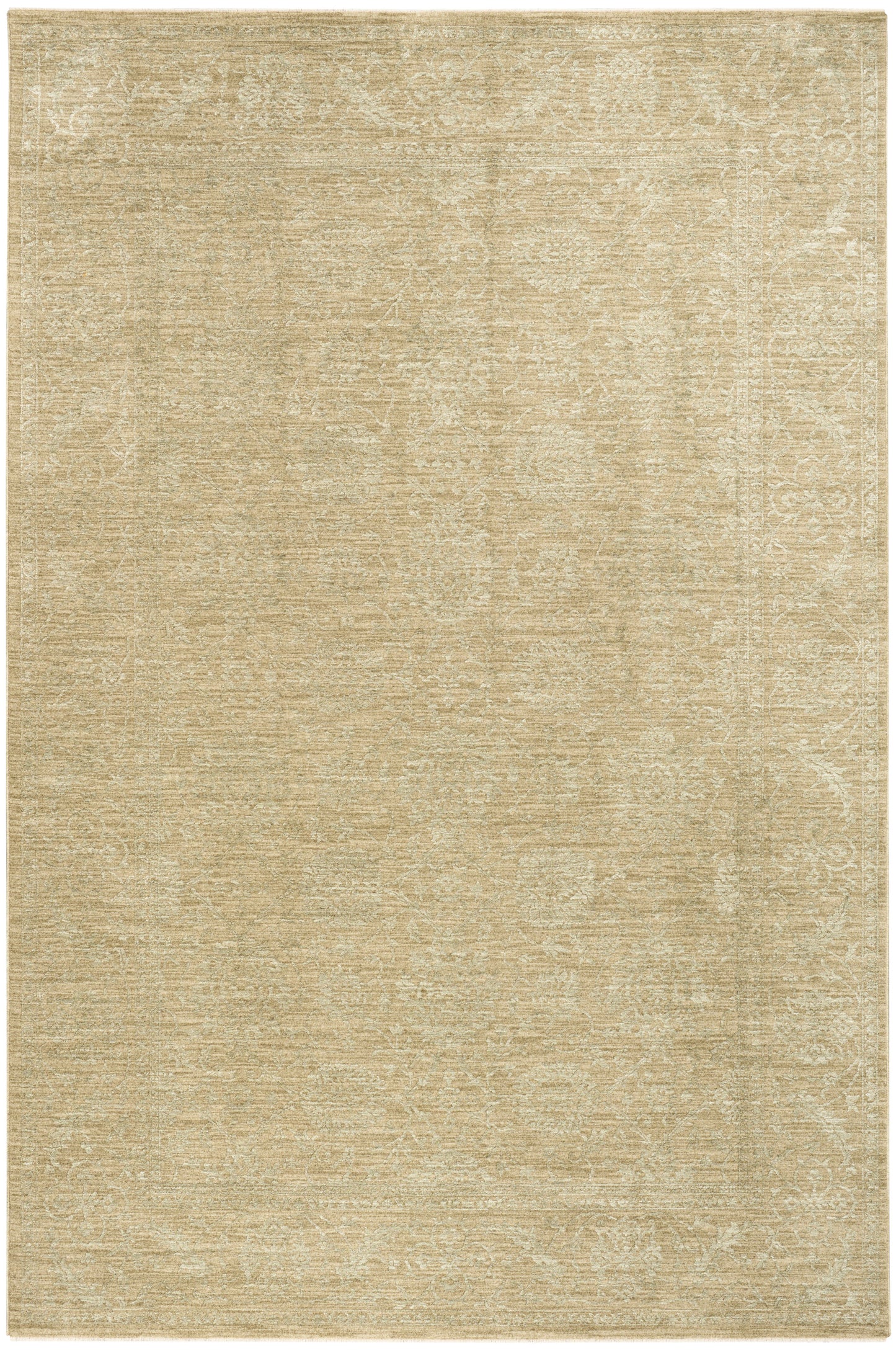 Beige distressed area rug with faded floral motifs; rectangular, soft woven texture for classic living spaces.