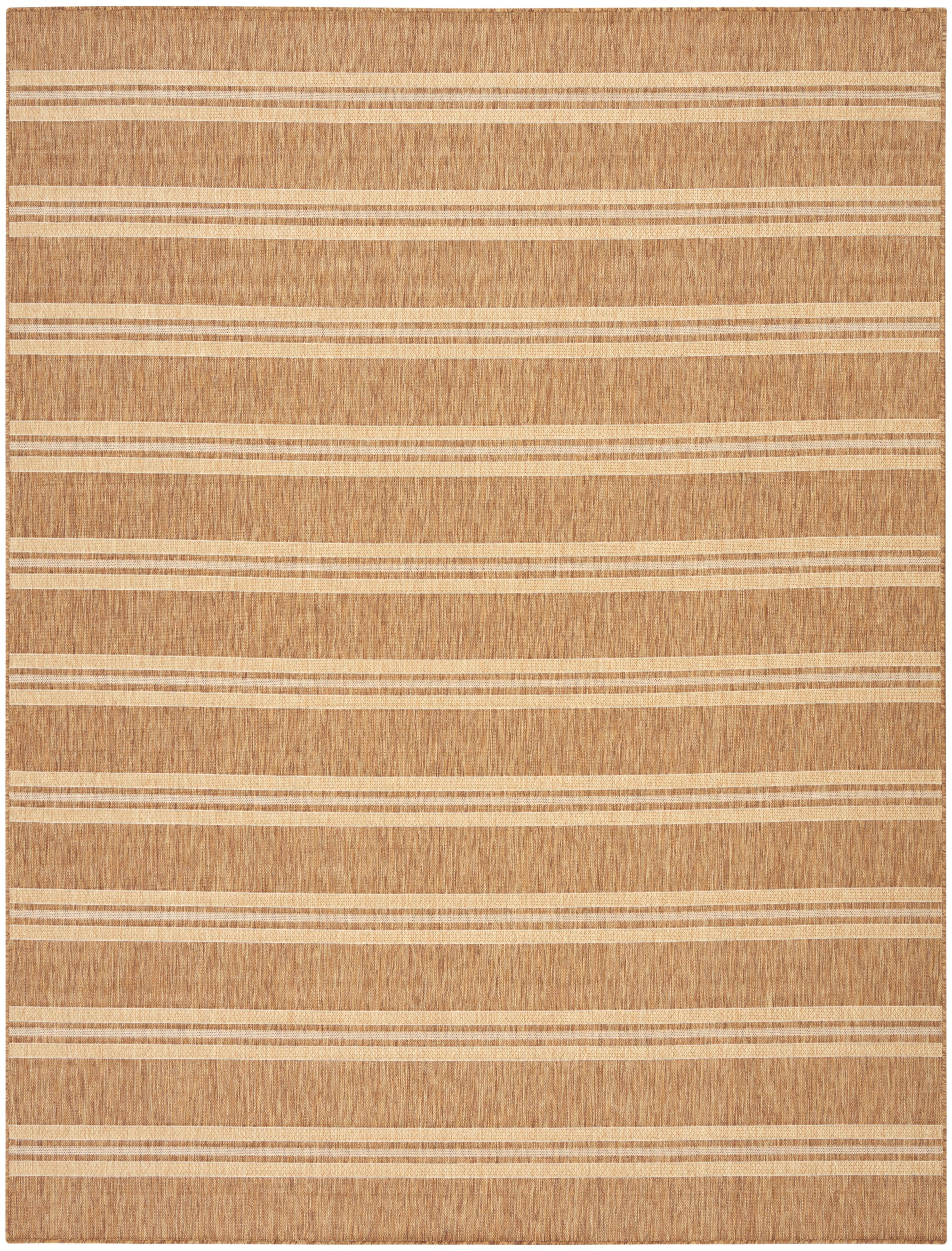 Brown woven area rug with pale beige horizontal stripes; rectangular rustic style for living room floor.