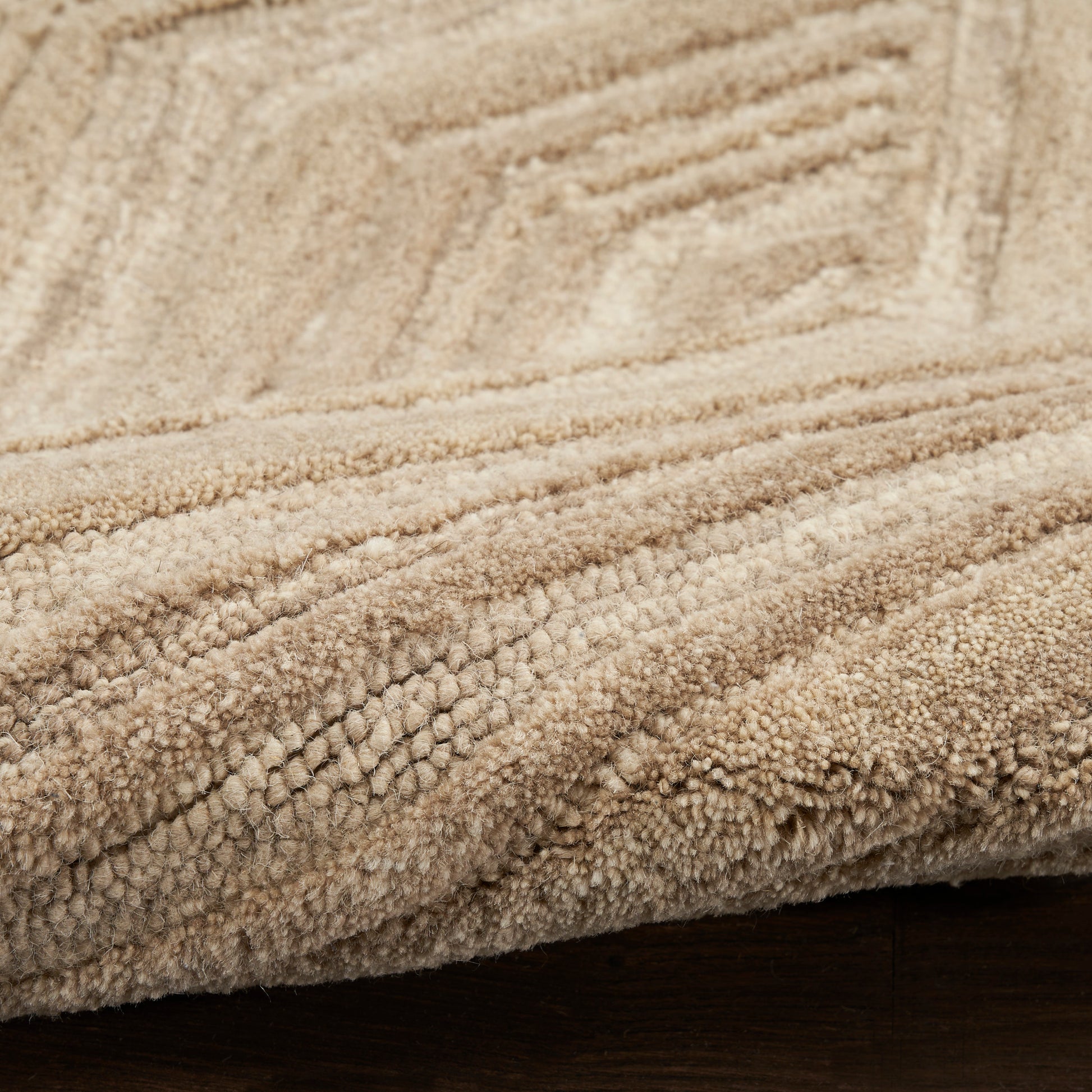 Beige shag rug with thick loop pile and plush texture, cozy floor mat on dark wood.