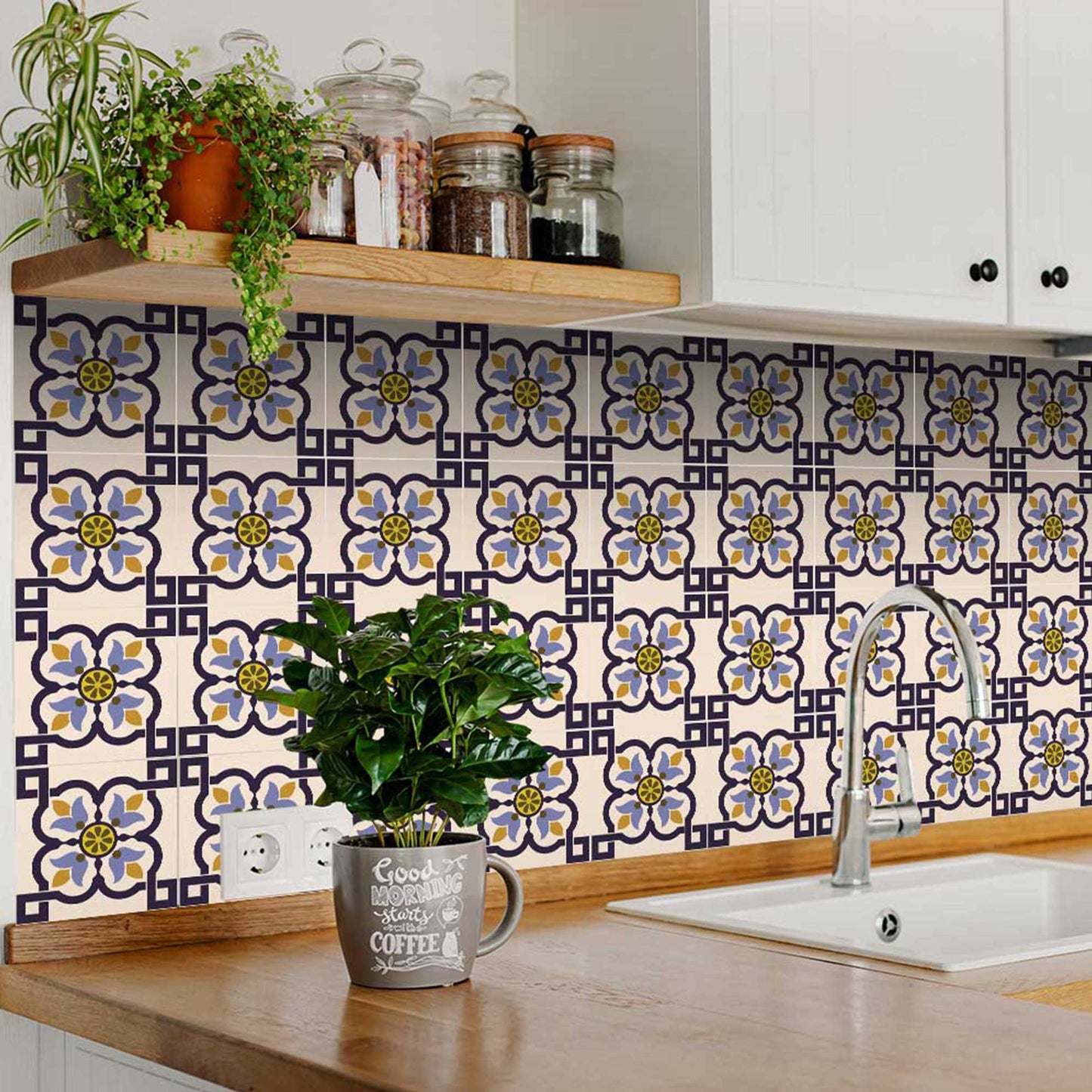 4" X 4" Azul Flora Peel and Stick Removable Tiles