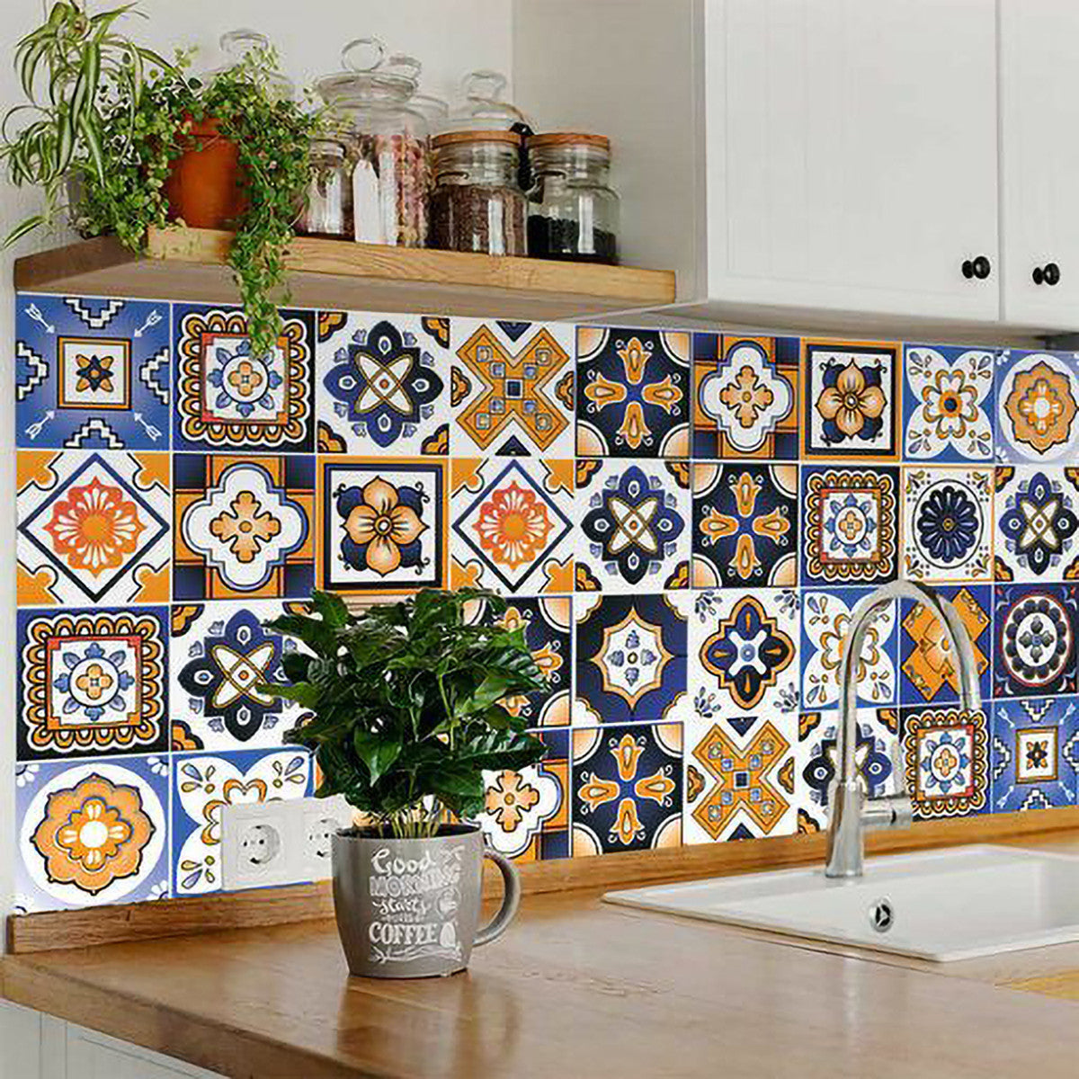7" x 7" Shades of Blue and Yellow Mosaic Peel and Stick Removable Tiles