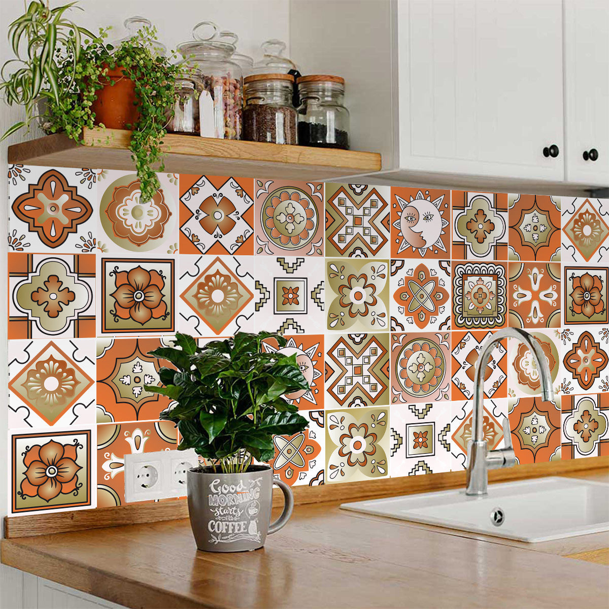 7" x 7" Retro Orange Mosaic Peel and Stick Removable Tiles