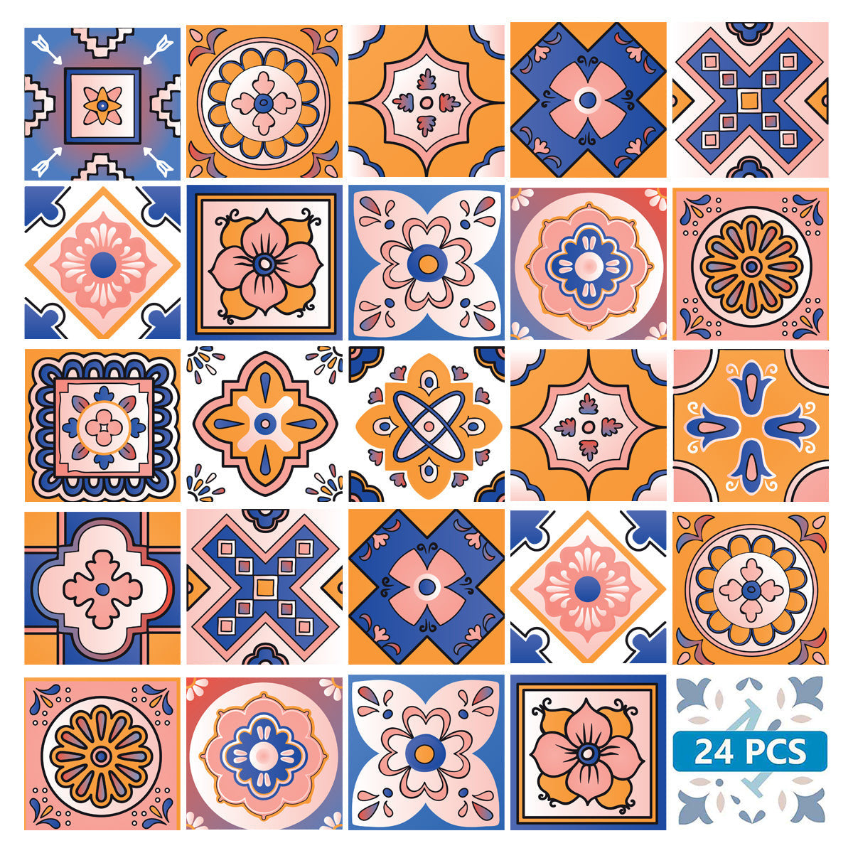 7" x 7" Blue Gold and Blush Mosaic Peel and Stick Removable Tiles