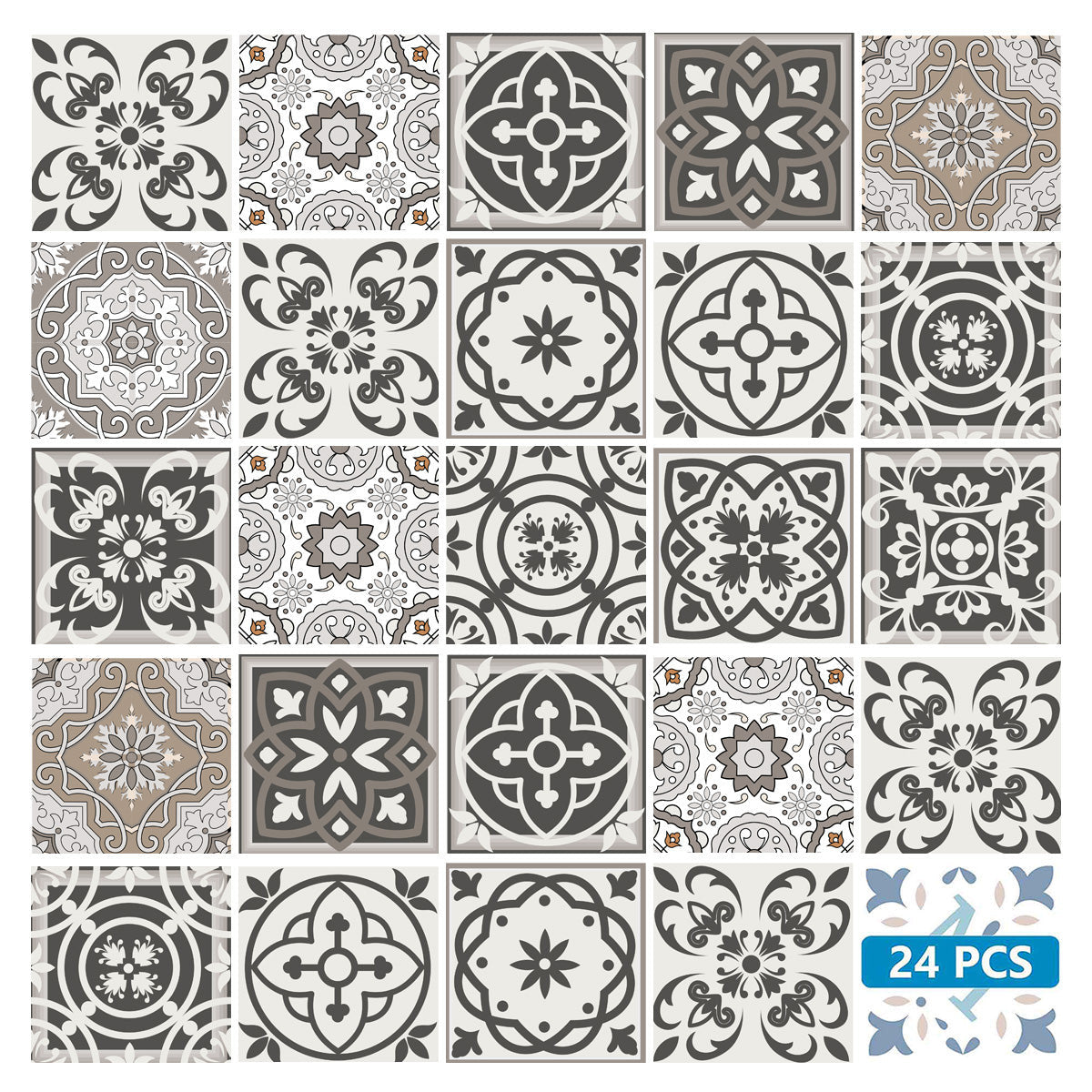 7" x 7" Wood Brown and White Mosaic Peel and Stick Removable Tiles