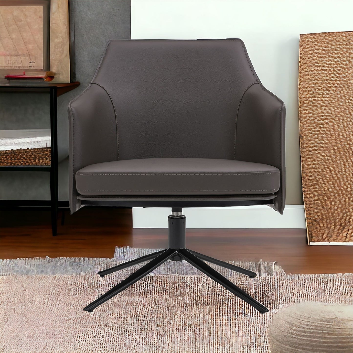 26" Gray And Black Faux Leather Swivel Lounge Chair