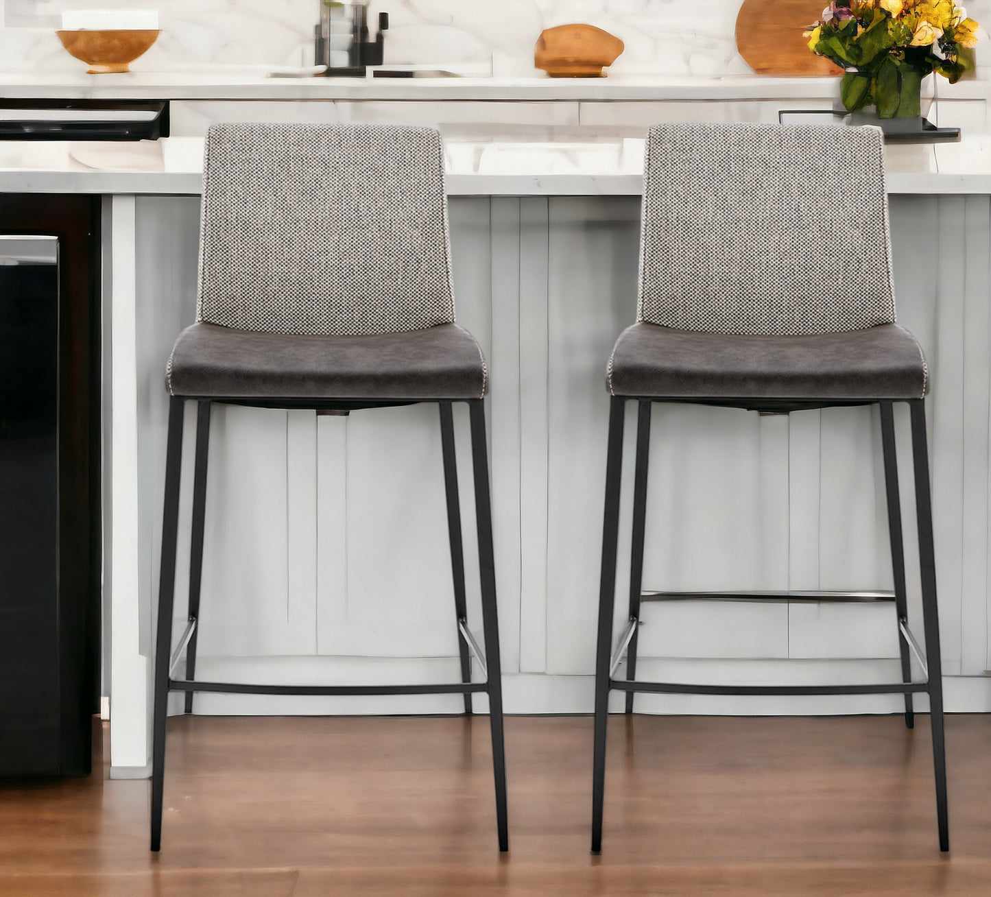 Set of Two 26" Gray And Black Steel Low Back Counter Height Bar Chairs