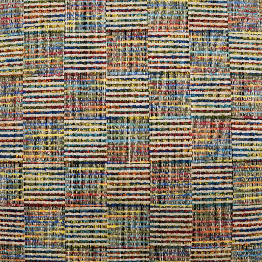 Multicolored woven fabric rug with patchwork plaid blocks in blue, yellow, orange and green; textured yarns.