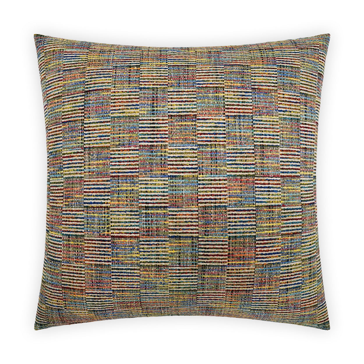 Square decorative throw pillow with a multicolor woven patchwork of thin rectangular stripes.