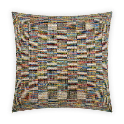Square decorative throw pillow with a multicolor woven patchwork of thin rectangular stripes.
