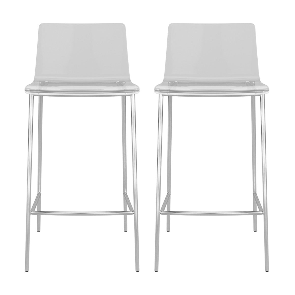 Set of Two 26" Clear And Silver Metal Low Back Counter Height Bar Chairs