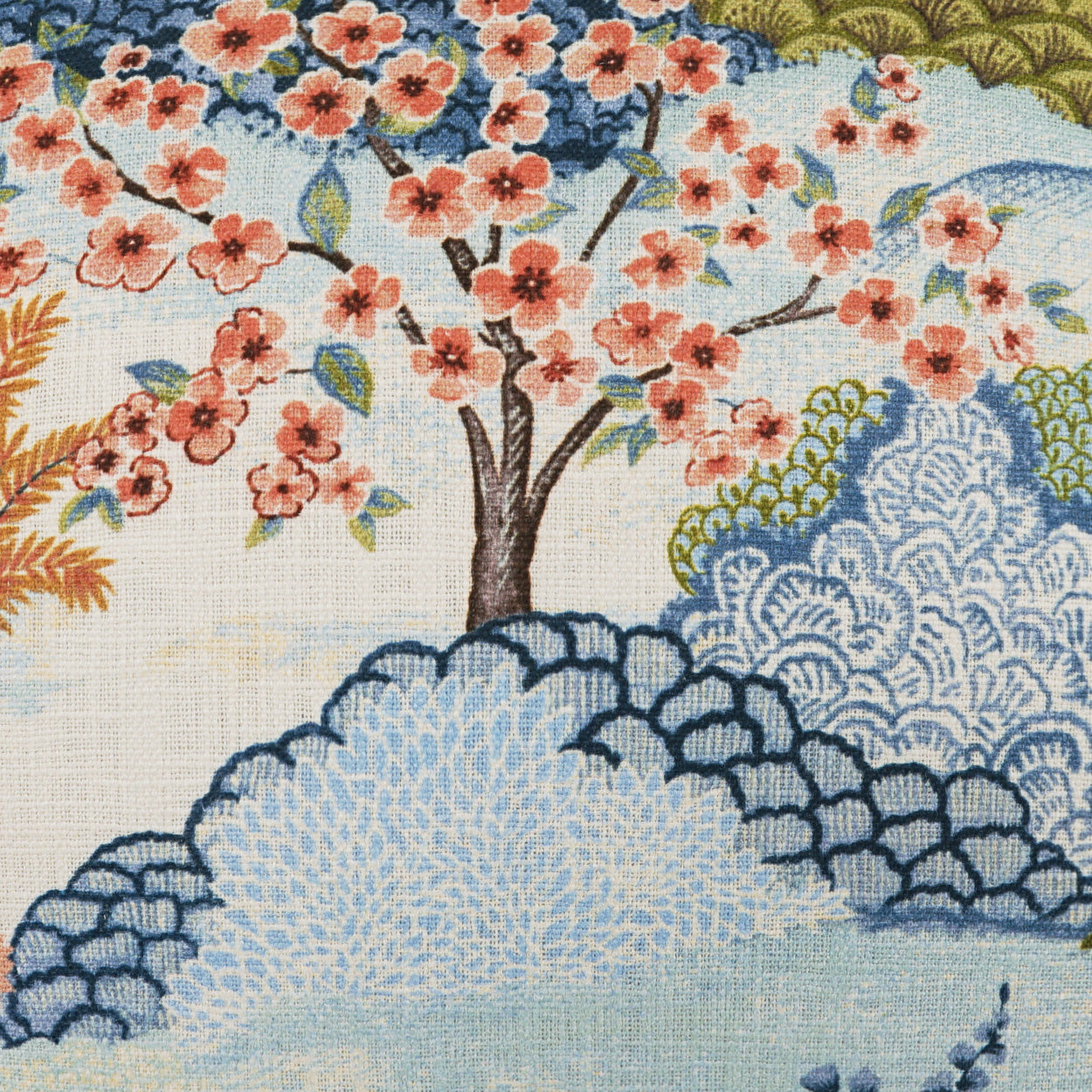 Decorative fabric with cherry blossom tree and wave design