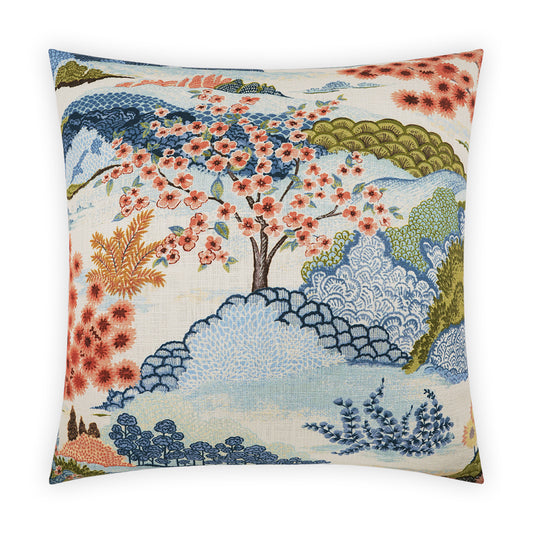 DV Kap Descanso luxury floral throw pillow 24x24 inch, multicolor cotton front with botanical pattern and orange back, designer decorative cushion with feather down insert for sofa, couch, bed, boho, modern, and eclectic home decor.
