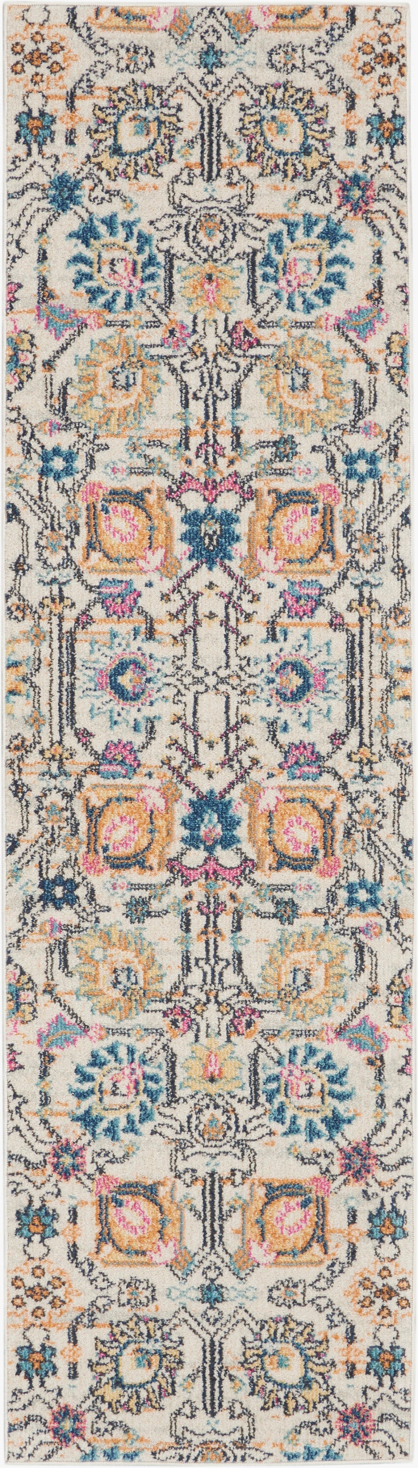 Ivory hallway runner rug with ornate Persian-inspired floral and medallion pattern in blue, teal, pink, orange, and yellow.