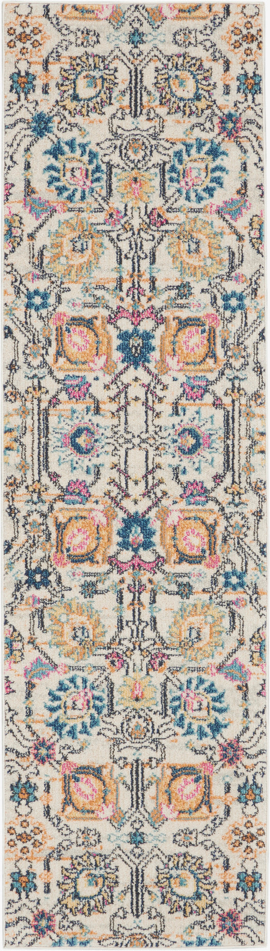 Ivory hallway runner rug with ornate Persian-inspired floral and medallion pattern in blue, teal, pink, orange, and yellow.