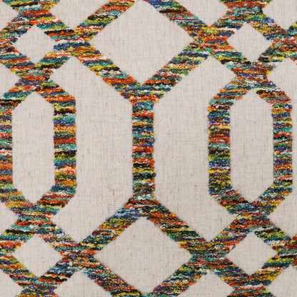 Multicolored woven fabric with rope-like lattice diamonds on natural beige background; boho geometric pillow.
