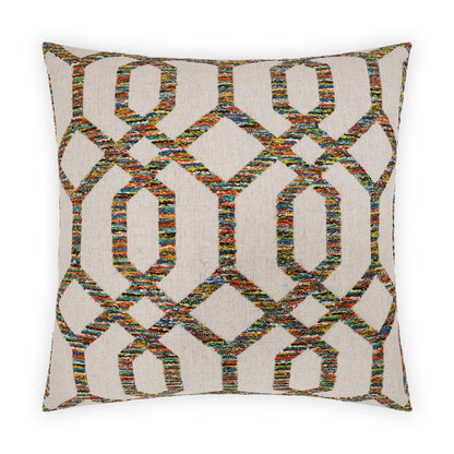 Beige woven throw pillow with multicolored braided lattice pattern; decorative cushion for sofa.