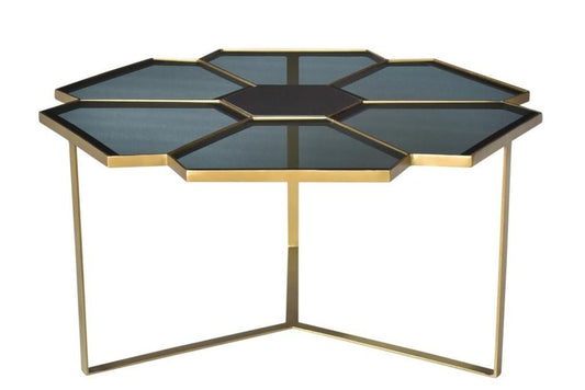 34" Black and Gold Glass and Iron Free Form Frame Coffee Table