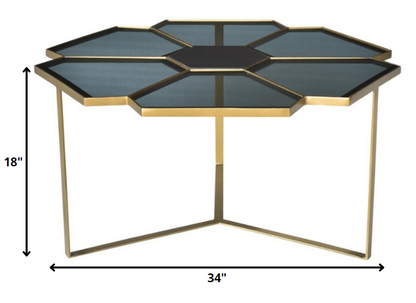 34" Black and Gold Glass and Iron Free Form Frame Coffee Table
