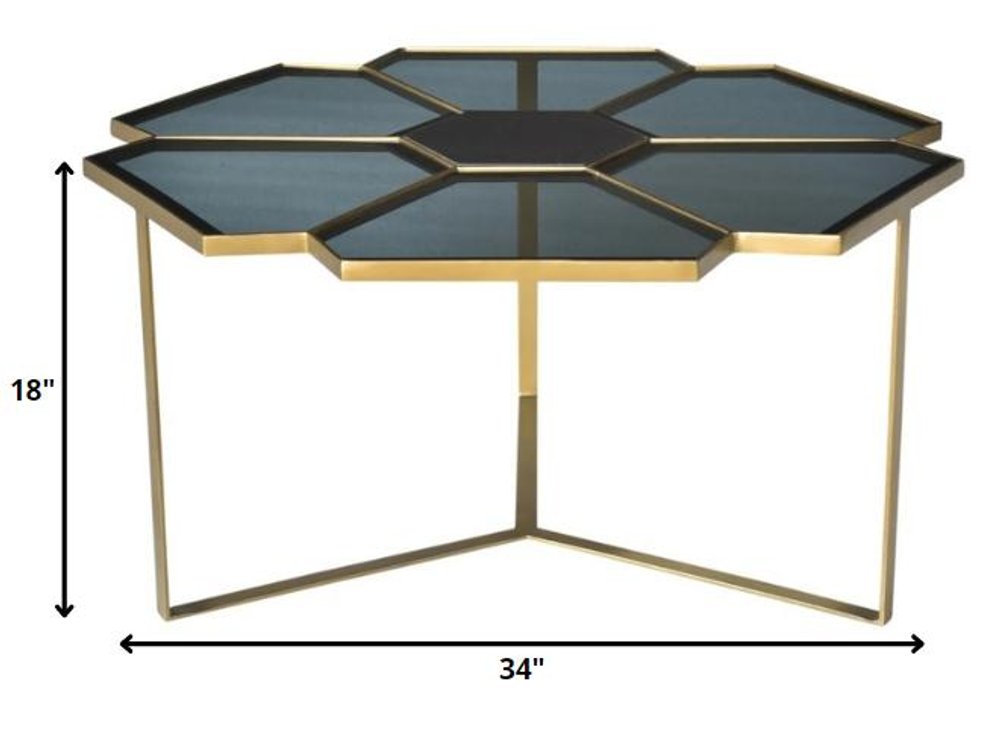 34" Black and Gold Glass and Iron Free Form Frame Coffee Table