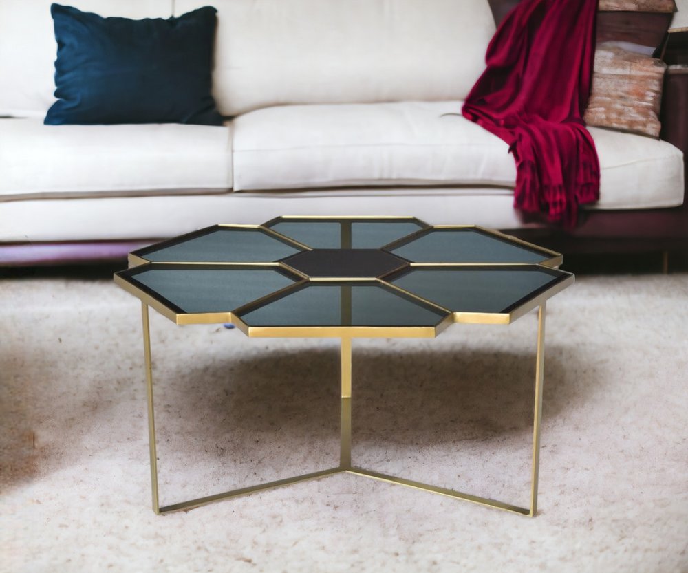 34" Black and Gold Glass and Iron Free Form Frame Coffee Table