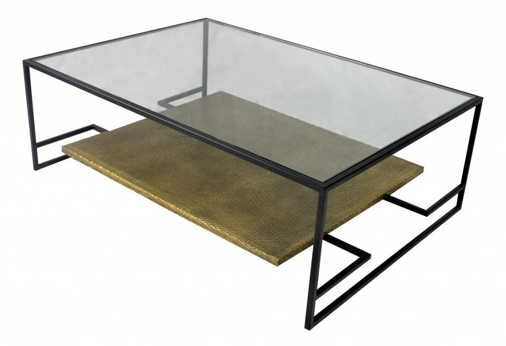 54" Clear and Black Glass and Iron Floor Shelf Coffee Table With Shelf
