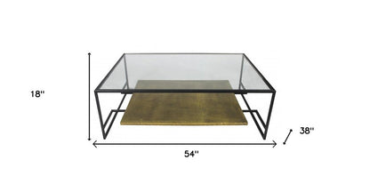 54" Clear and Black Glass and Iron Floor Shelf Coffee Table With Shelf