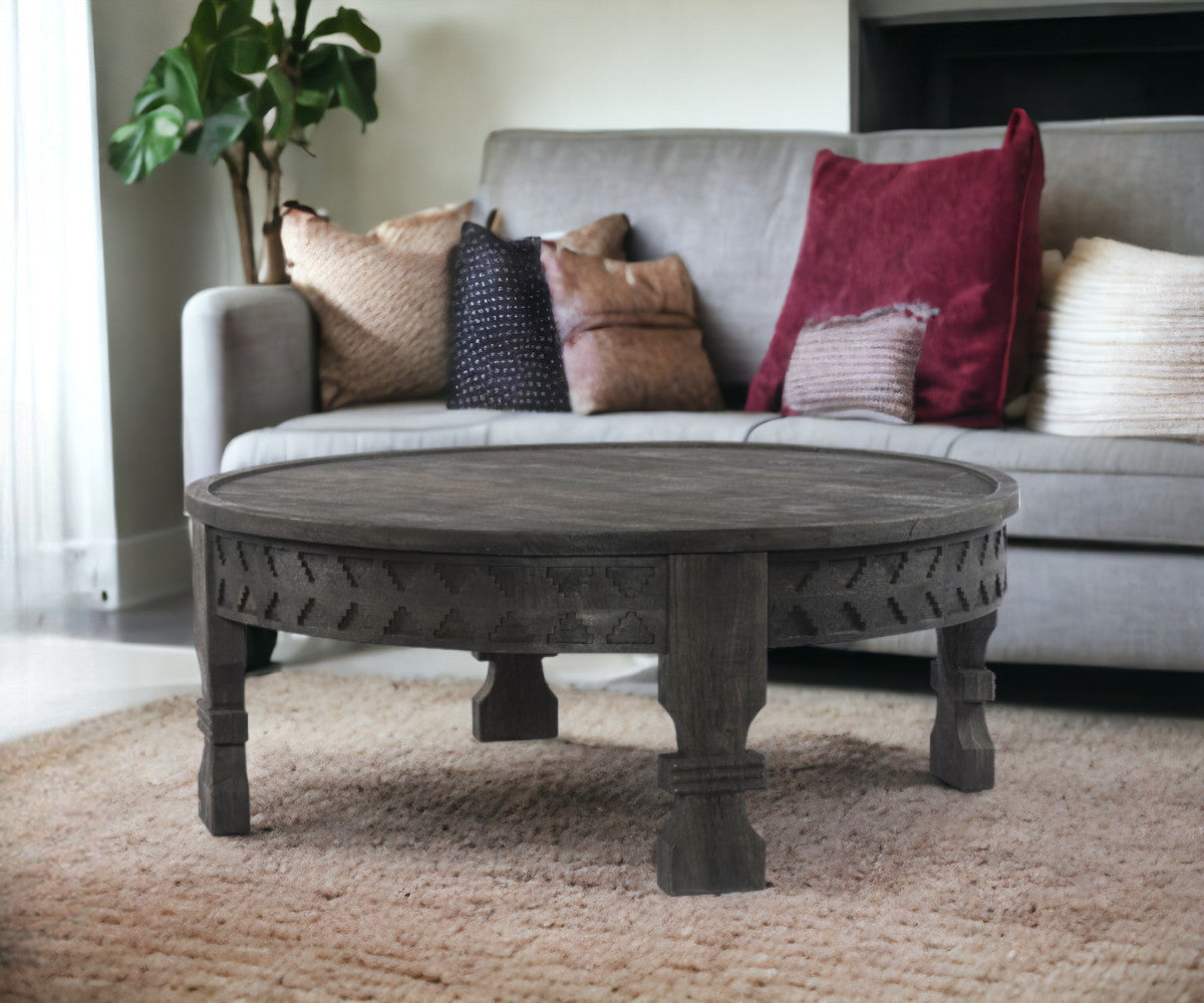 Black Carved Round Wooden Coffee Table