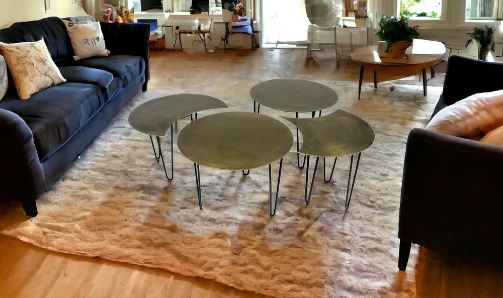 Set of Four Brass Aluminum and Metal Free Form Frame Bunching Coffee Tables