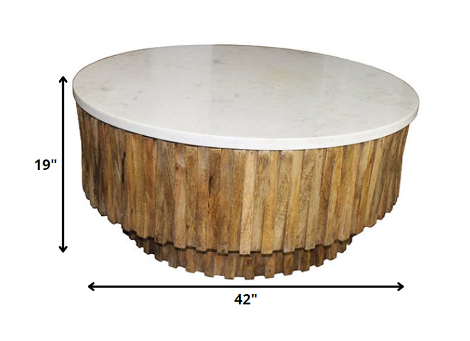 Round Marble Top and Wooden Strips Coffee Table