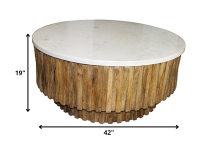 42" Ivory and Natural Genuine Marble and Solid Wood Round Solid Coffee Table
