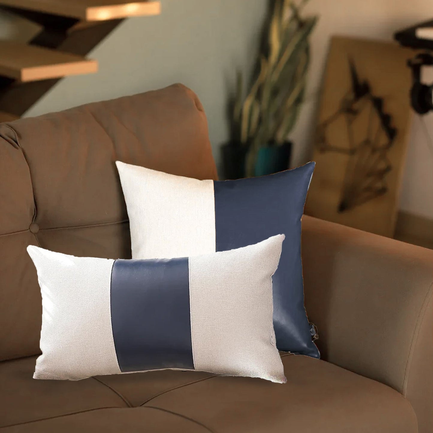 Set of 2 Navy and White Modern Throw Pillows