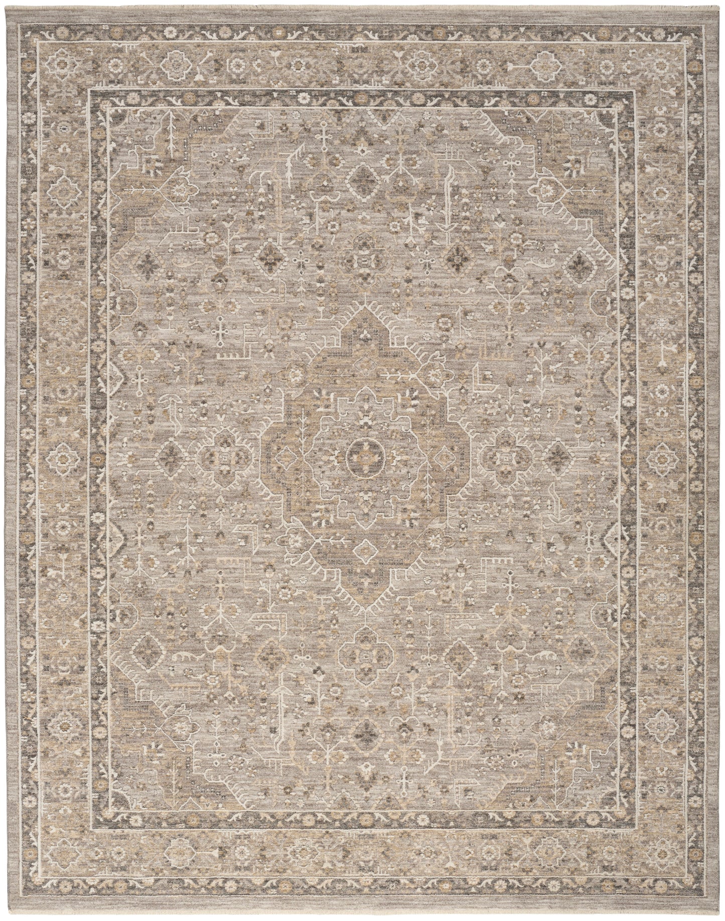 Neutral beige oriental rug with a distressed central medallion, taupe-cream borders and intricate floral motifs.