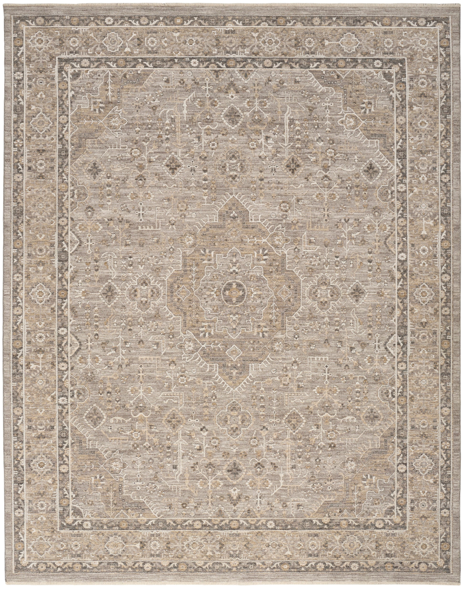 Neutral beige oriental rug with a distressed central medallion, taupe-cream borders and intricate floral motifs.