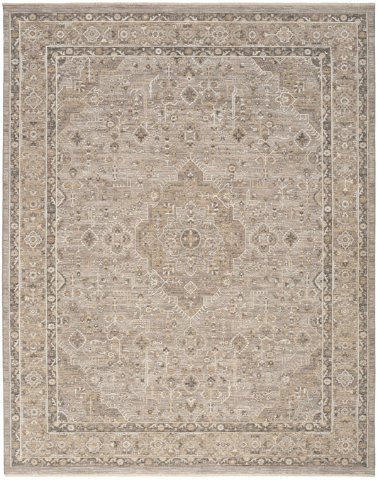 Neutral beige oriental rug with a distressed central medallion, taupe-cream borders and intricate floral motifs.
